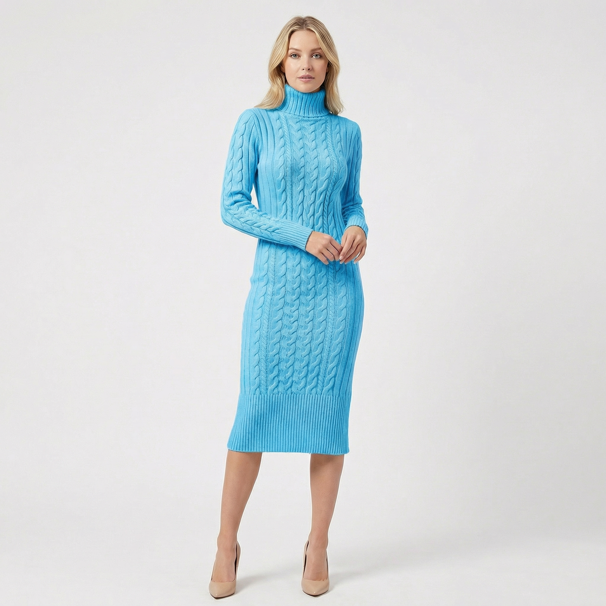 Abito maglione midi dolcevita da donna in maglia a trecce con orlo a costine
