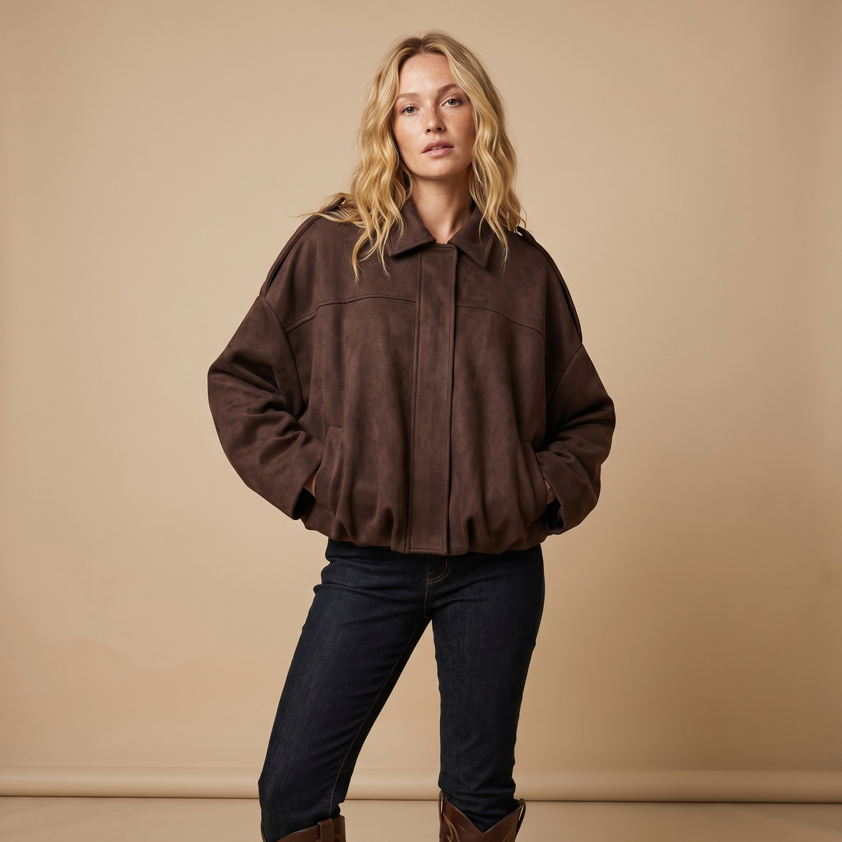 Women's Oversized Faux Suede Zip-Up Moto Bomber Autumn Jacket