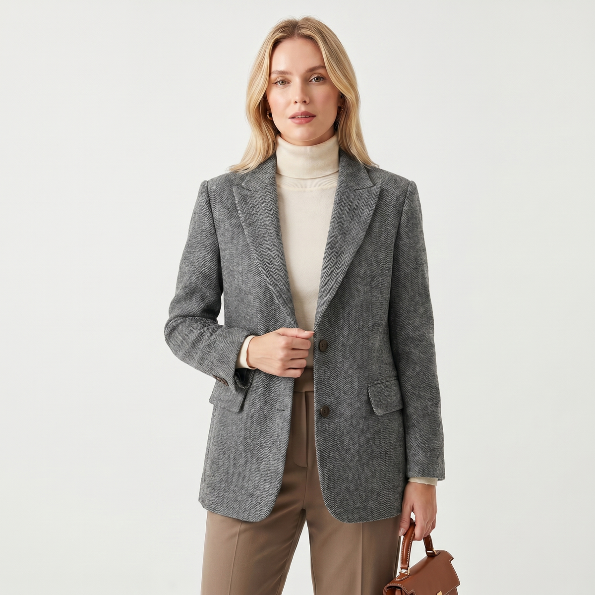 Women's Herringbone Wool Blend Tailored Blazer