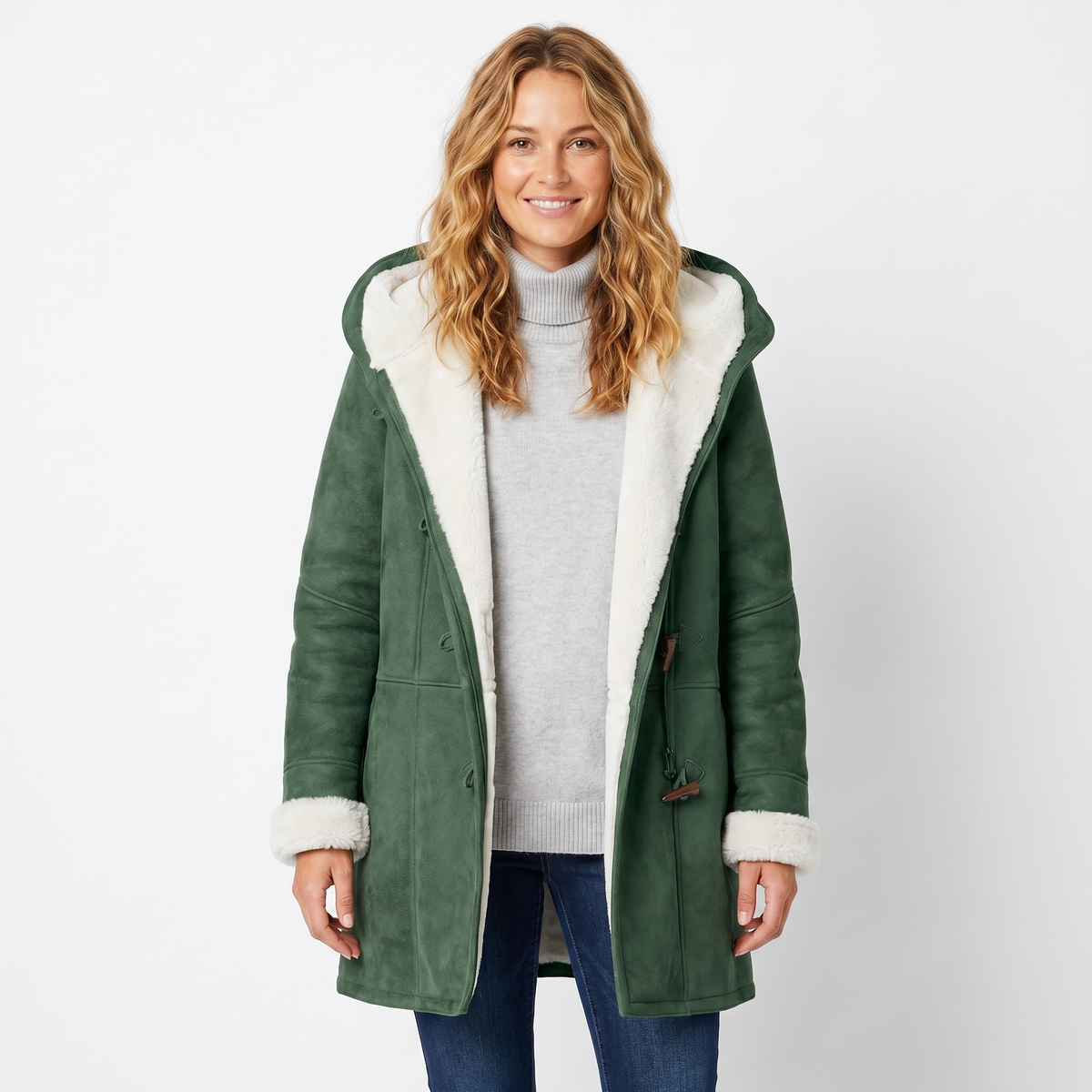 Women's Shearling Winter Coat Suede Hooded Toggle Front