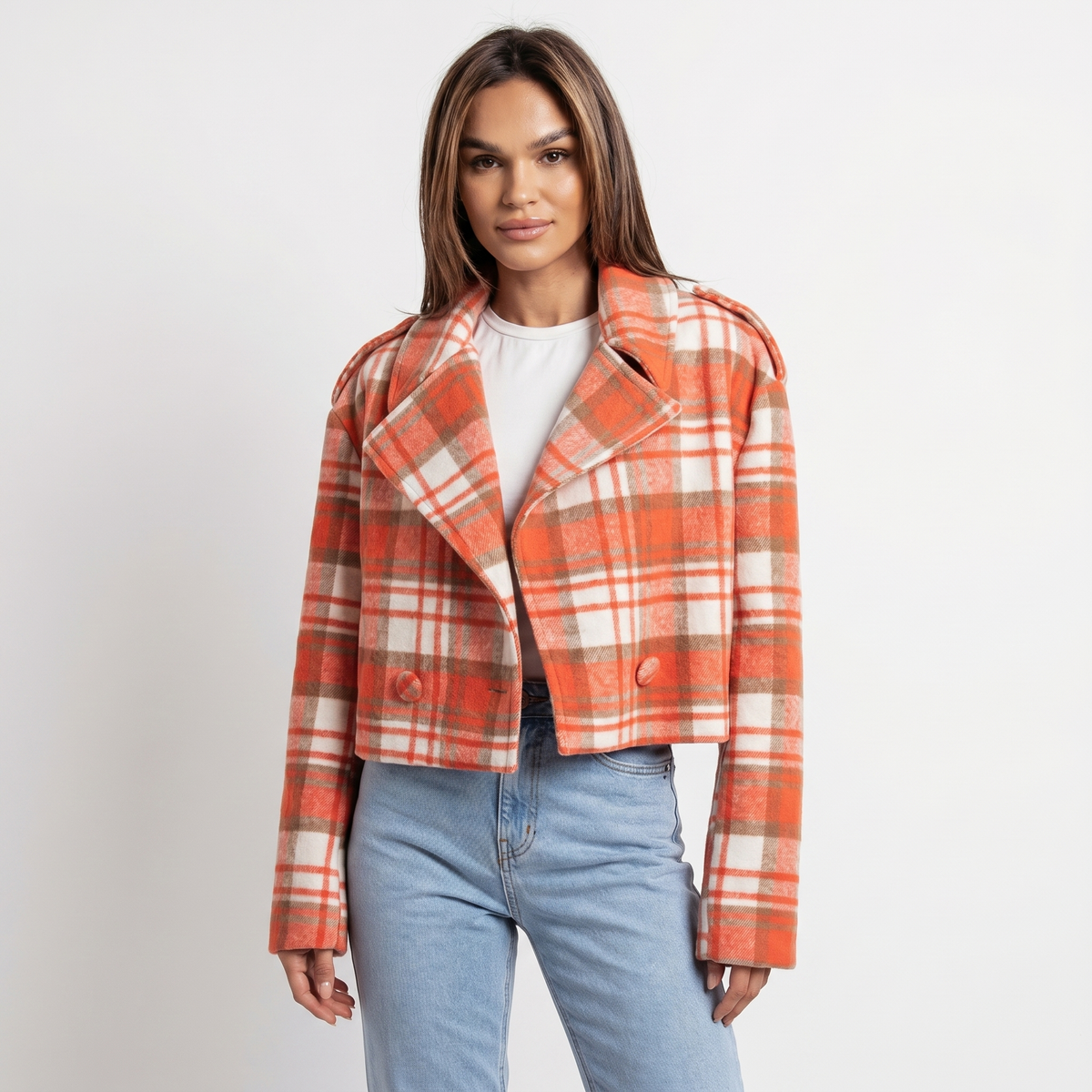 Women's Wool Cropped Jacket Oversized Check Notch Lapel Boxy