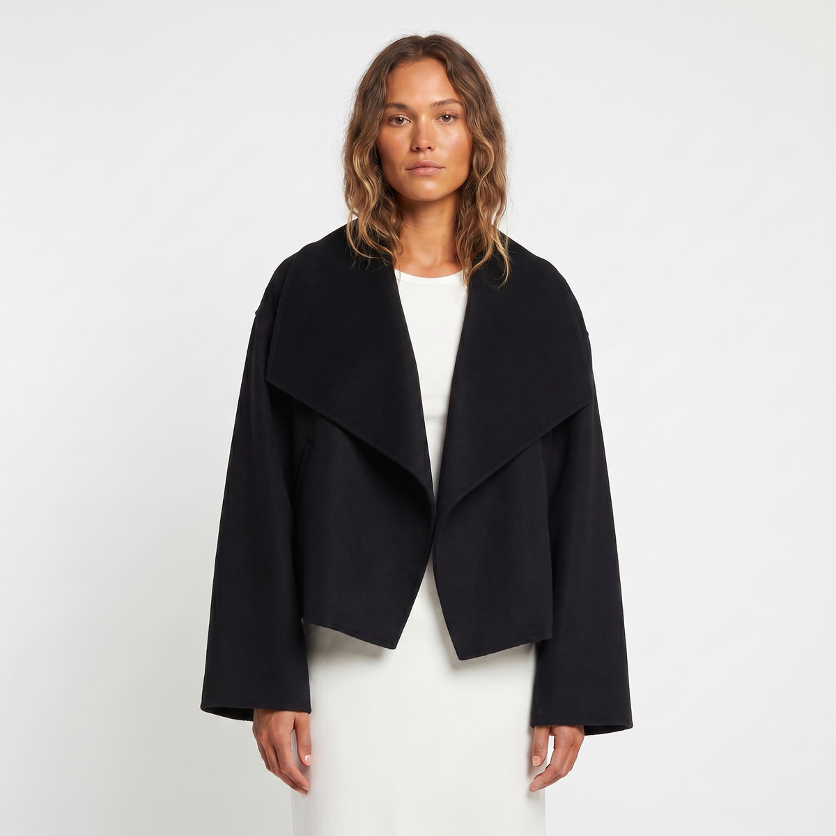 Women's Cropped Winter Coat Waterfall Lapel Wool-Look Boxy Open-Front