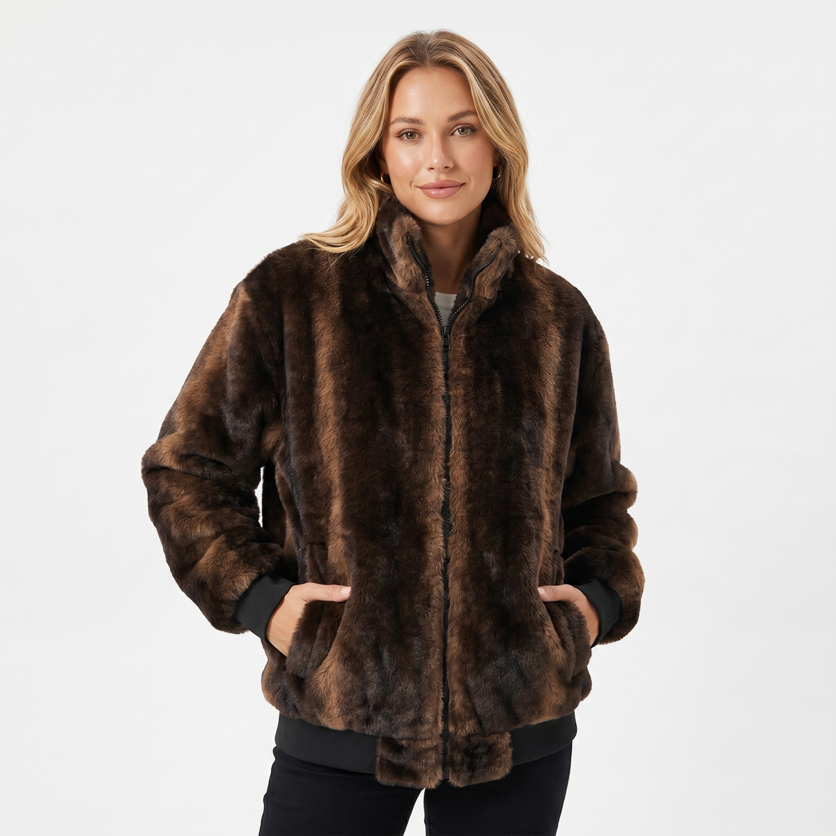 Women's Fur Bomber Autumn Jacket Faux Mink Zip-Up Stand Collar Ribbed Hem