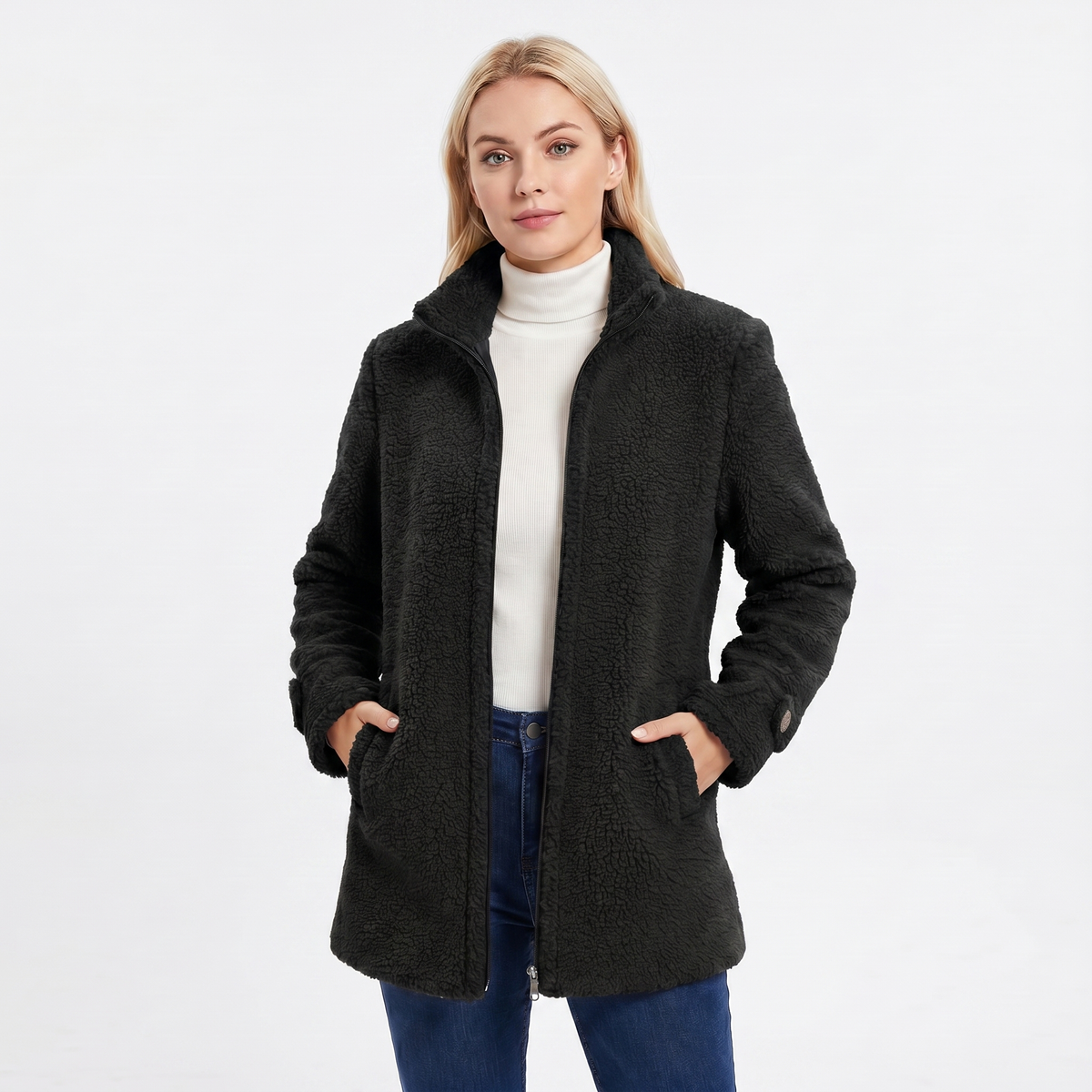 Women's Sherpa Winter Coat Teddy Bouclé Mid-Length Zip Stand Collar