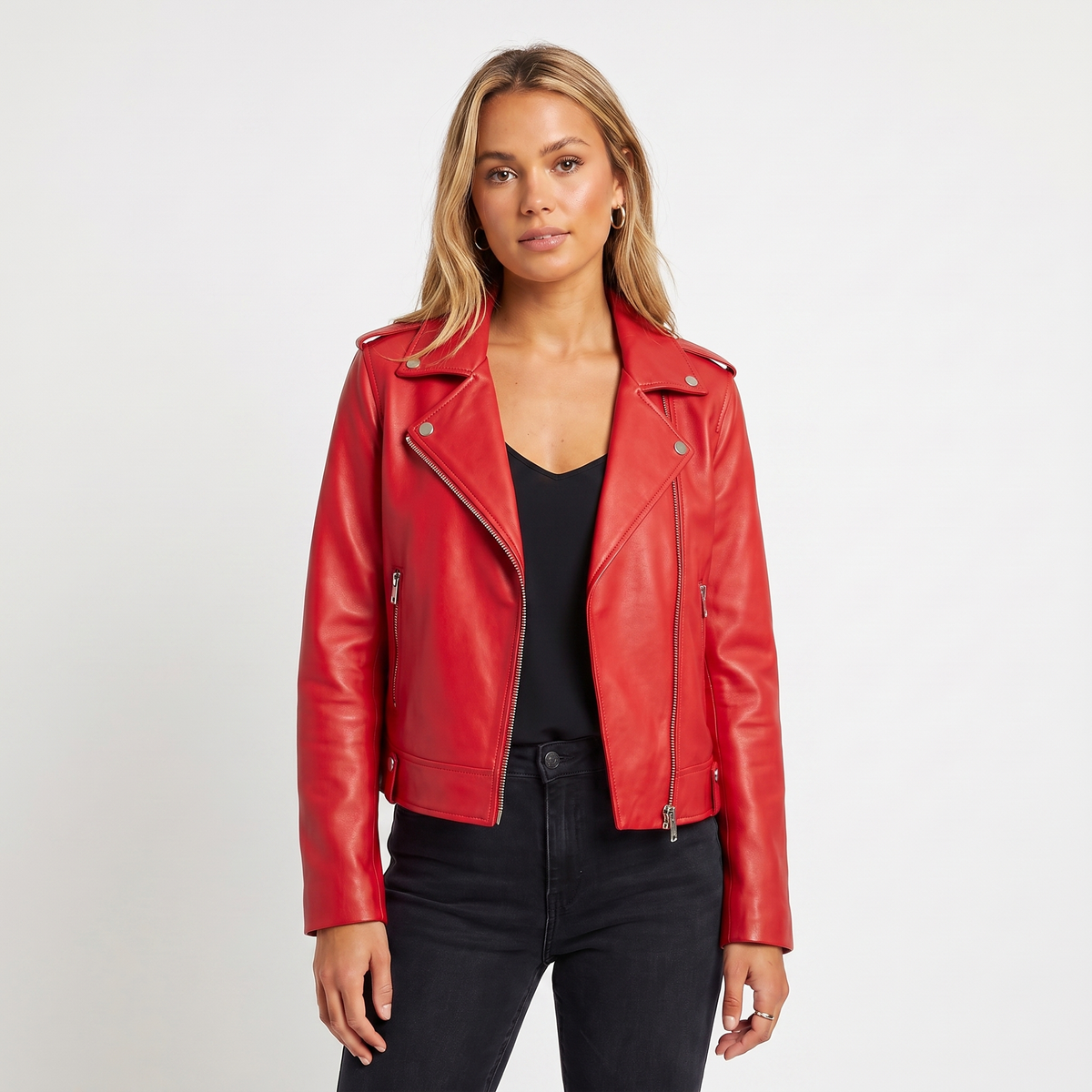 Women's Leather Autumn Jacket Biker Asymmetric Zip Notch Lapel Cropped
