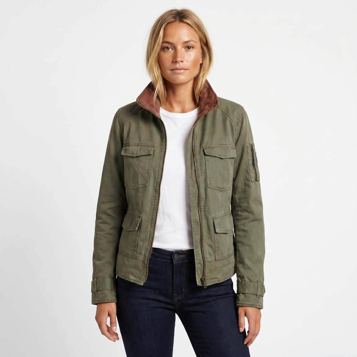 Women's Military Autumn Jacket Four-Pocket Utility Zip Stand Collar Fitted