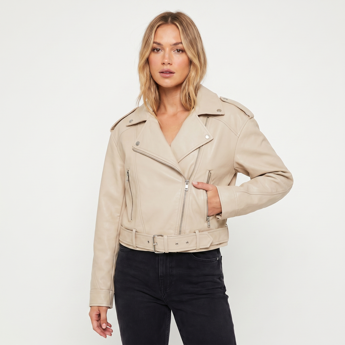 Women's Biker Autumn Jacket Belted Biker Asymmetric Zip Silver Hardware