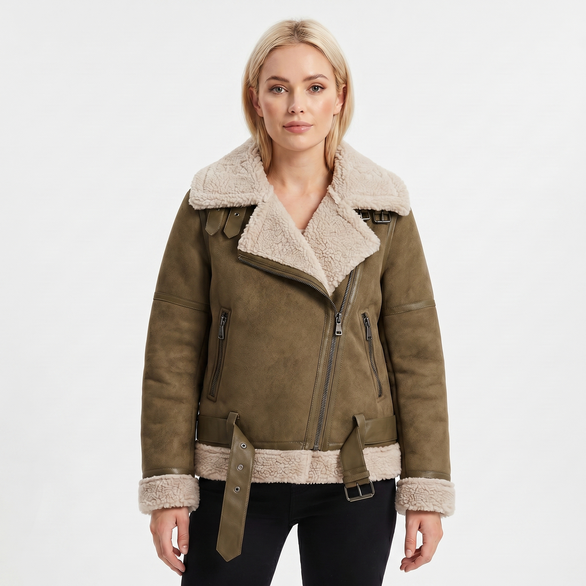 Women's Suede Autumn Jacket Shearling-Lined Aviator Biker Belted