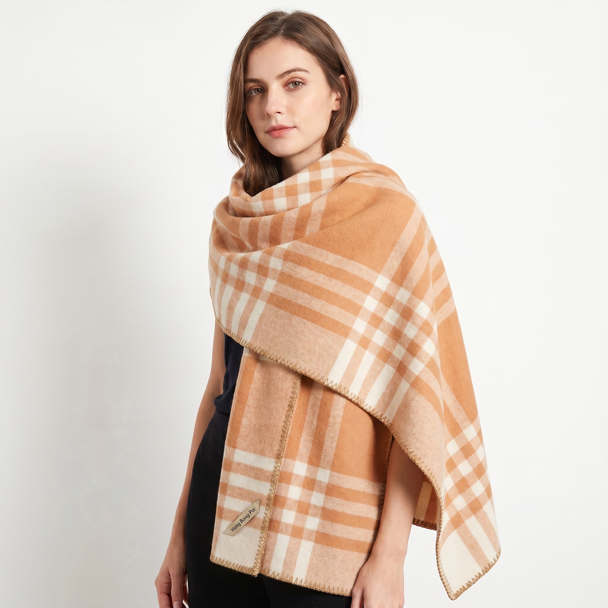 Women's Shawl Wrap Oversized Check Blanket Stitch Edge Woven Winter