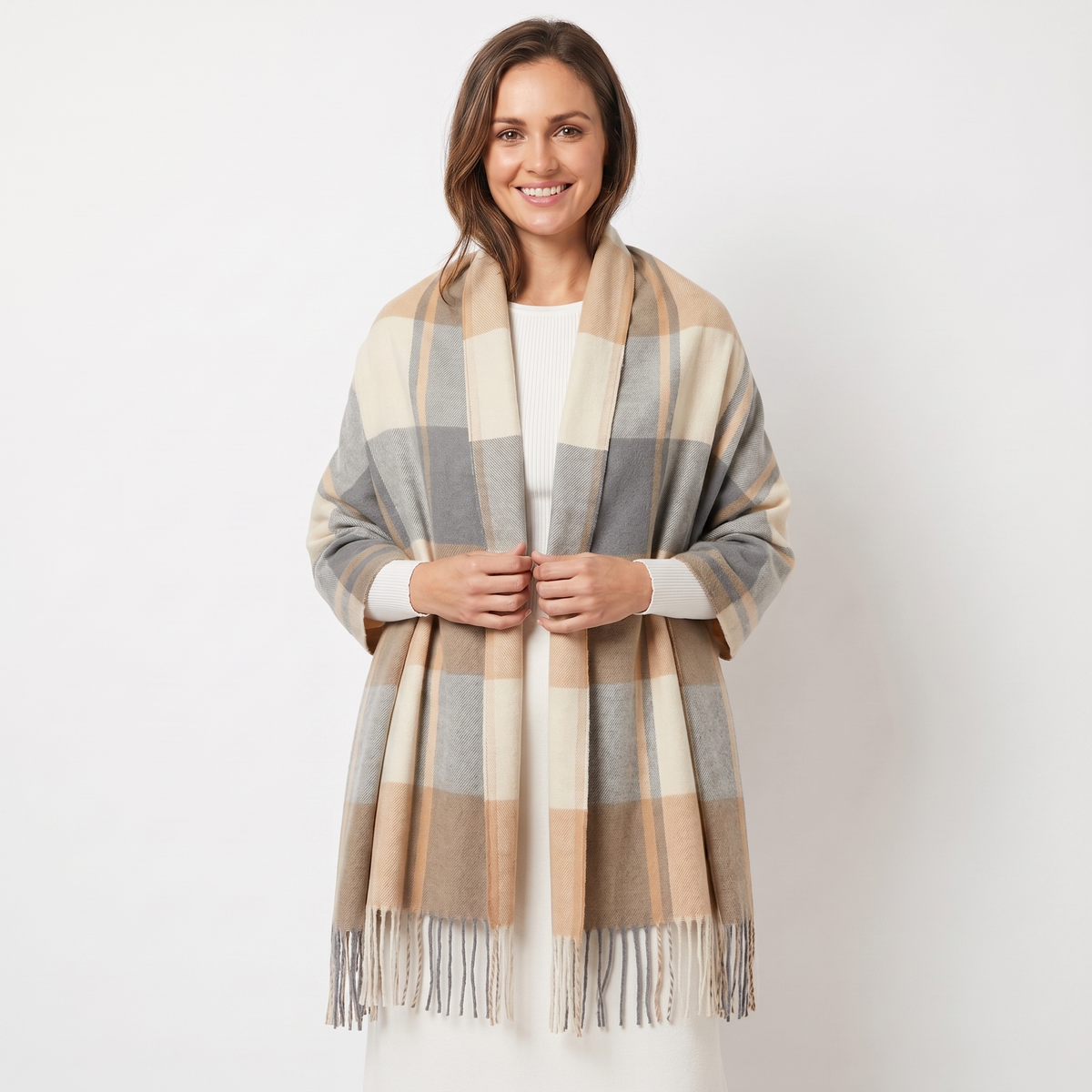 Women's Shawl Winter Scarf Oversized Check Woven Fringe Blanket Wrap