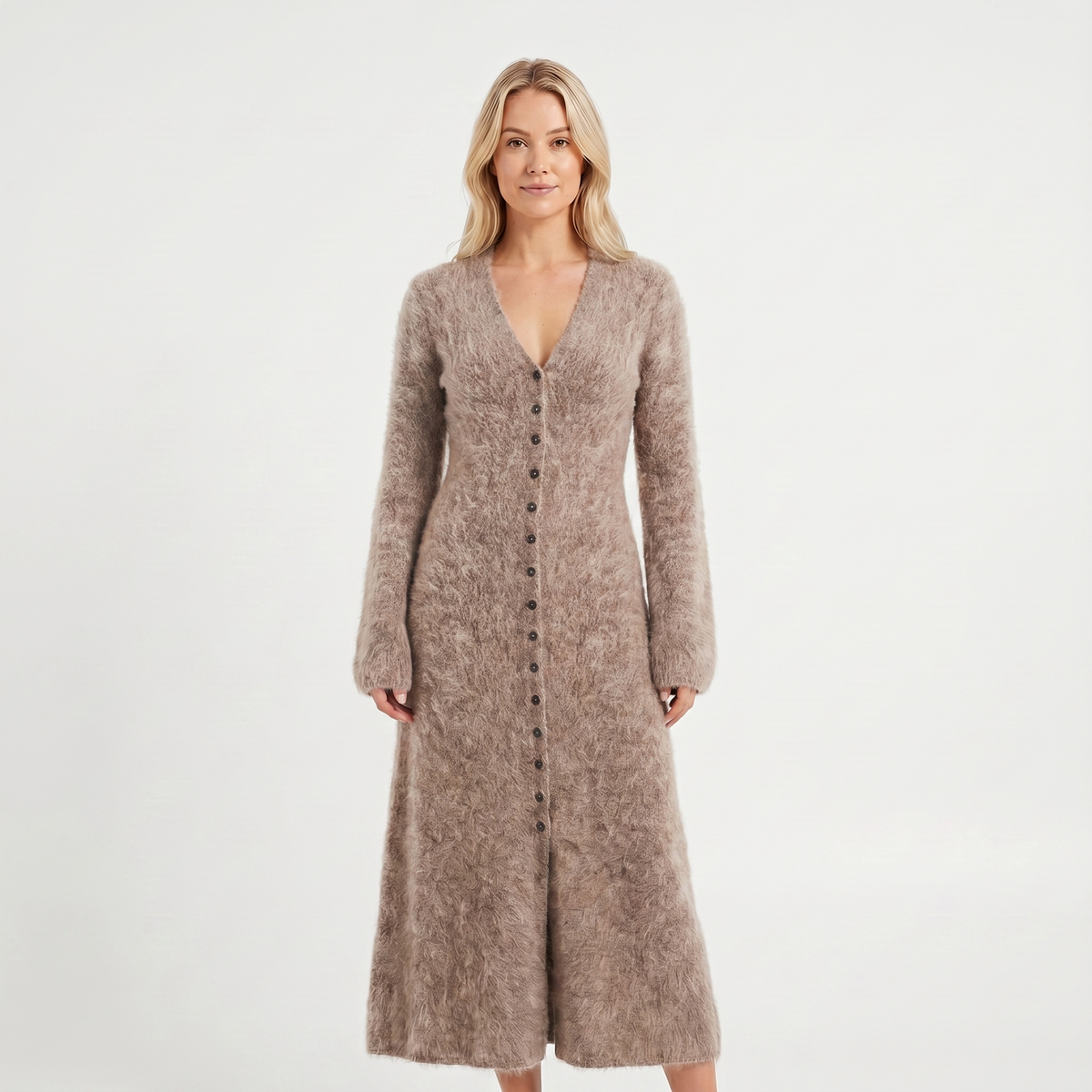 Women's Long-Sleeve Midi Knit Dress Fluffy Button-Through V-Neck Cardigan