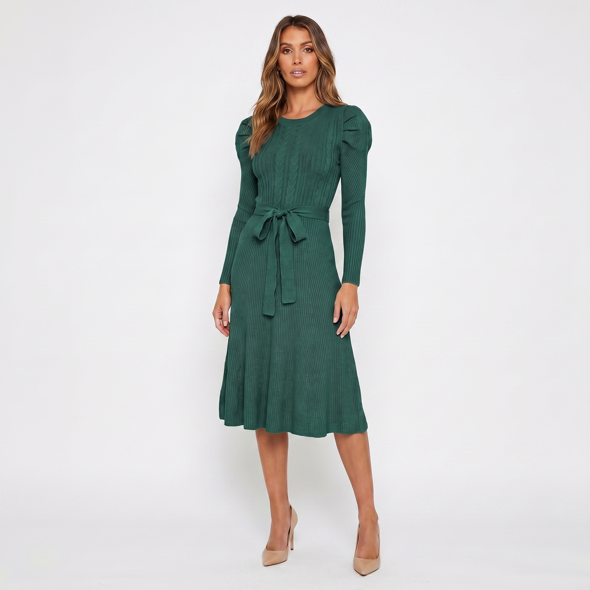 Women's Knit Midi Winter Dress Puff Shoulder Belted Ribbed A-Line