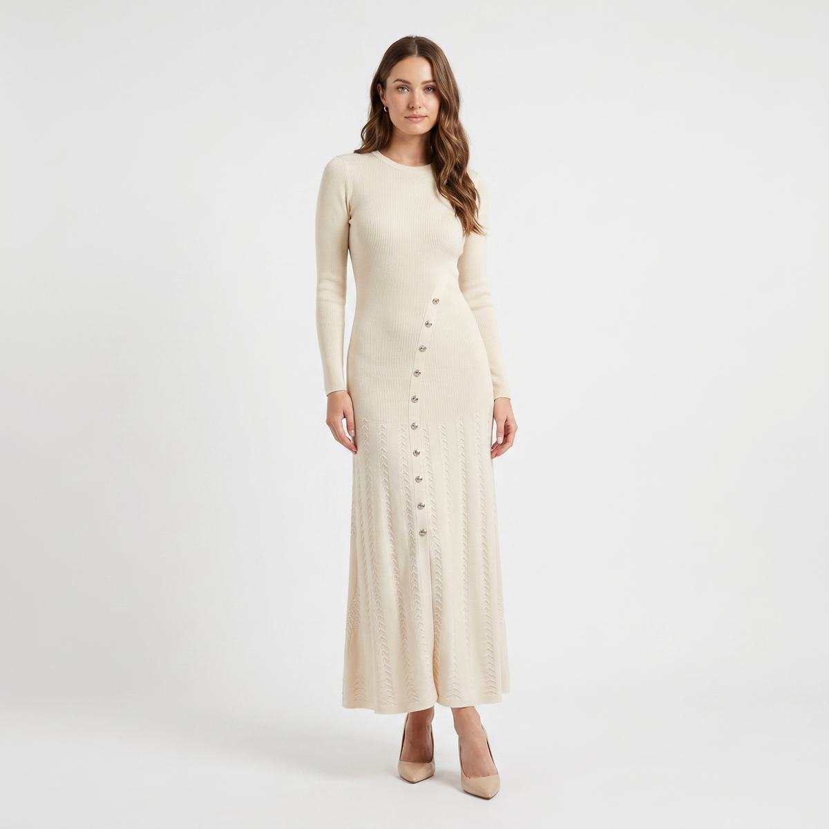 Women's Button-Down Long-Sleeve Dress Ribbed Knit Flare Maxi Silver Buttons