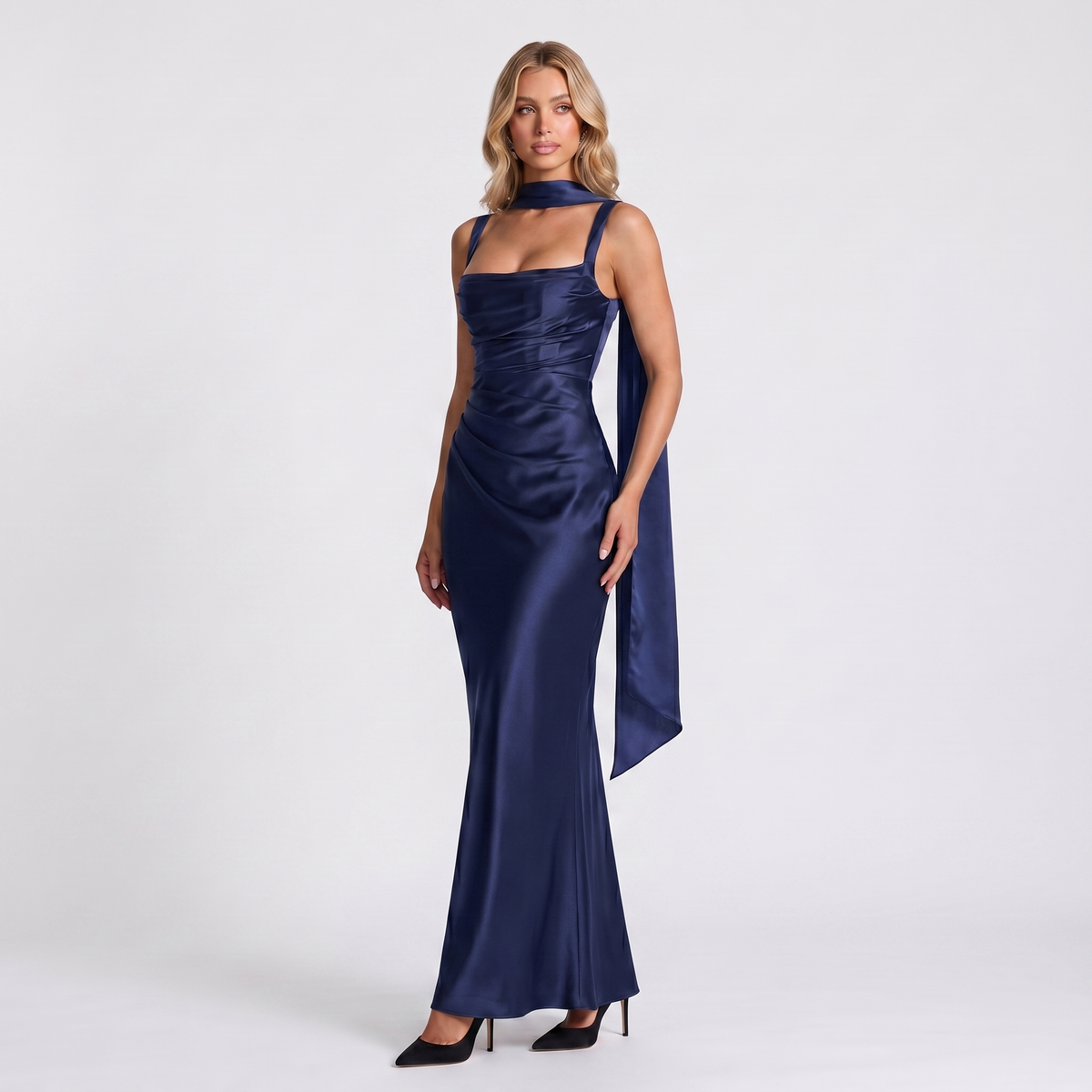 Women's Formal Maxi Dress Satin Ruched Square Neck Tulle Scarf Winter Gown