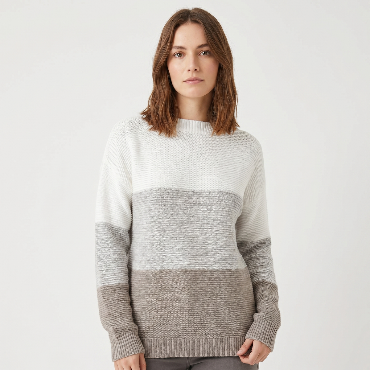 Women's Colour Block Knit Sweater Boat-Neck Long-Sleeve Relaxed-Fit