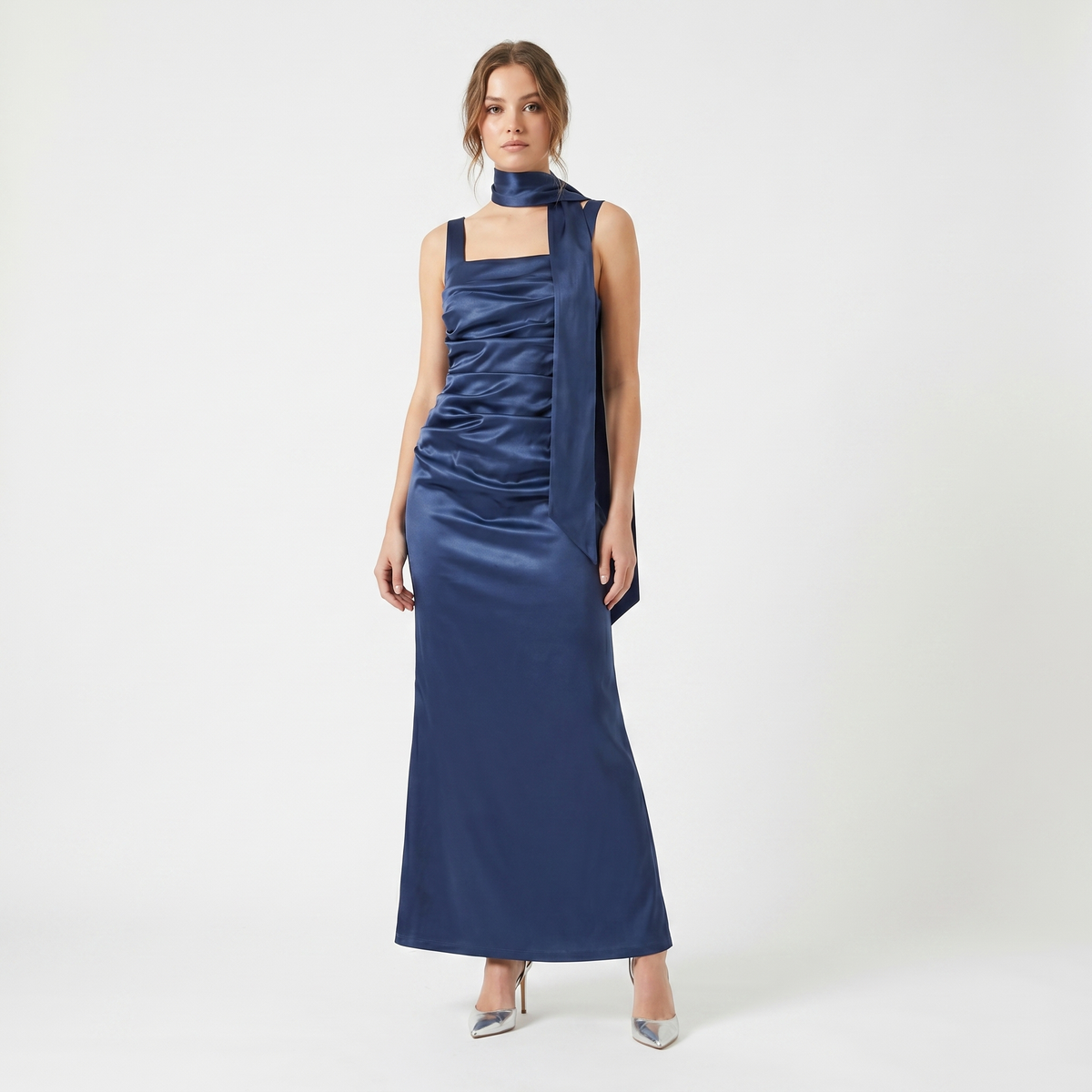 Women's Satin Ruched Maxi Dress Square Neck Scarf Tie Bodycon Formal Gown