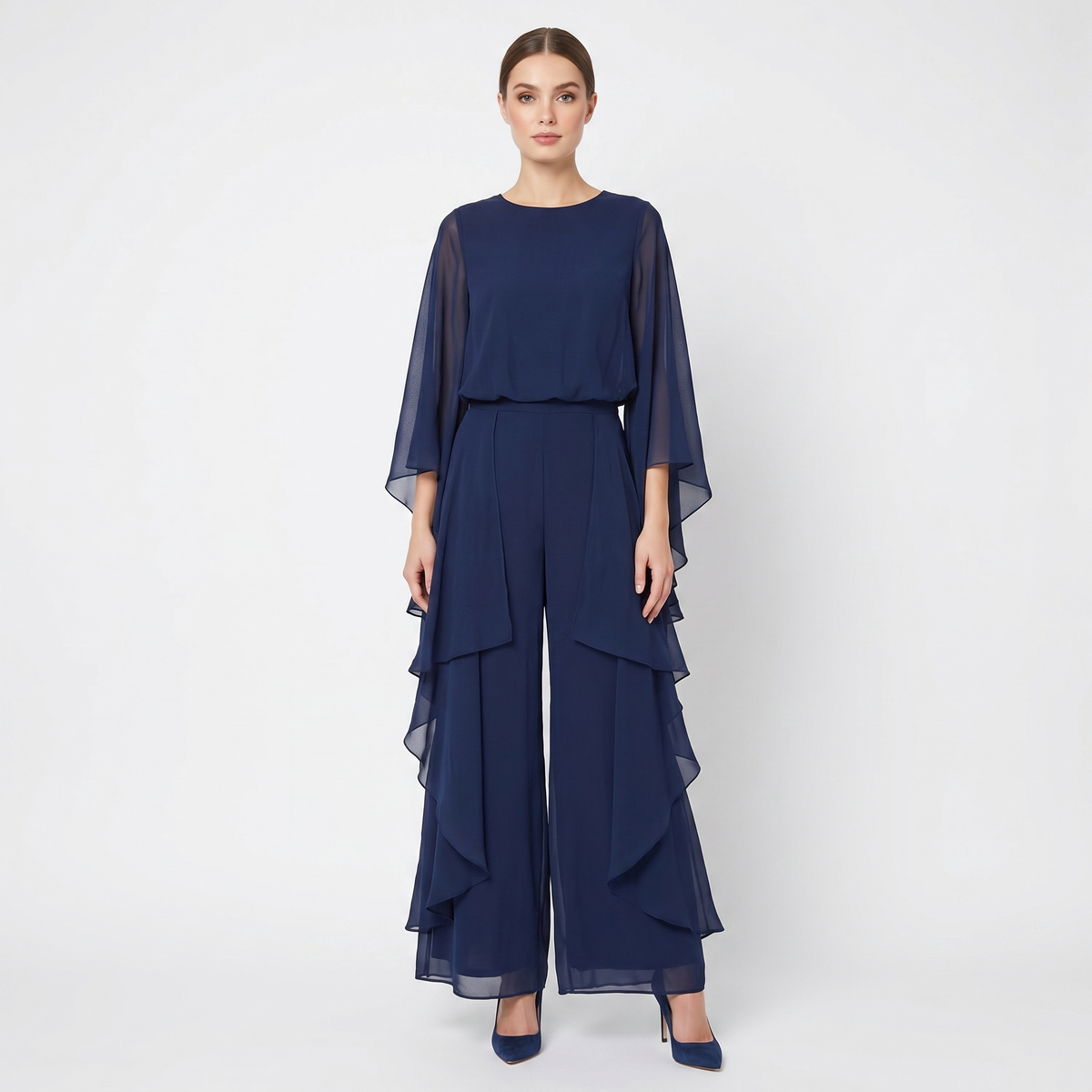 Women's Chiffon Cape Sleeve Maxi Dress Ruffle Side Batwing Formal Gown