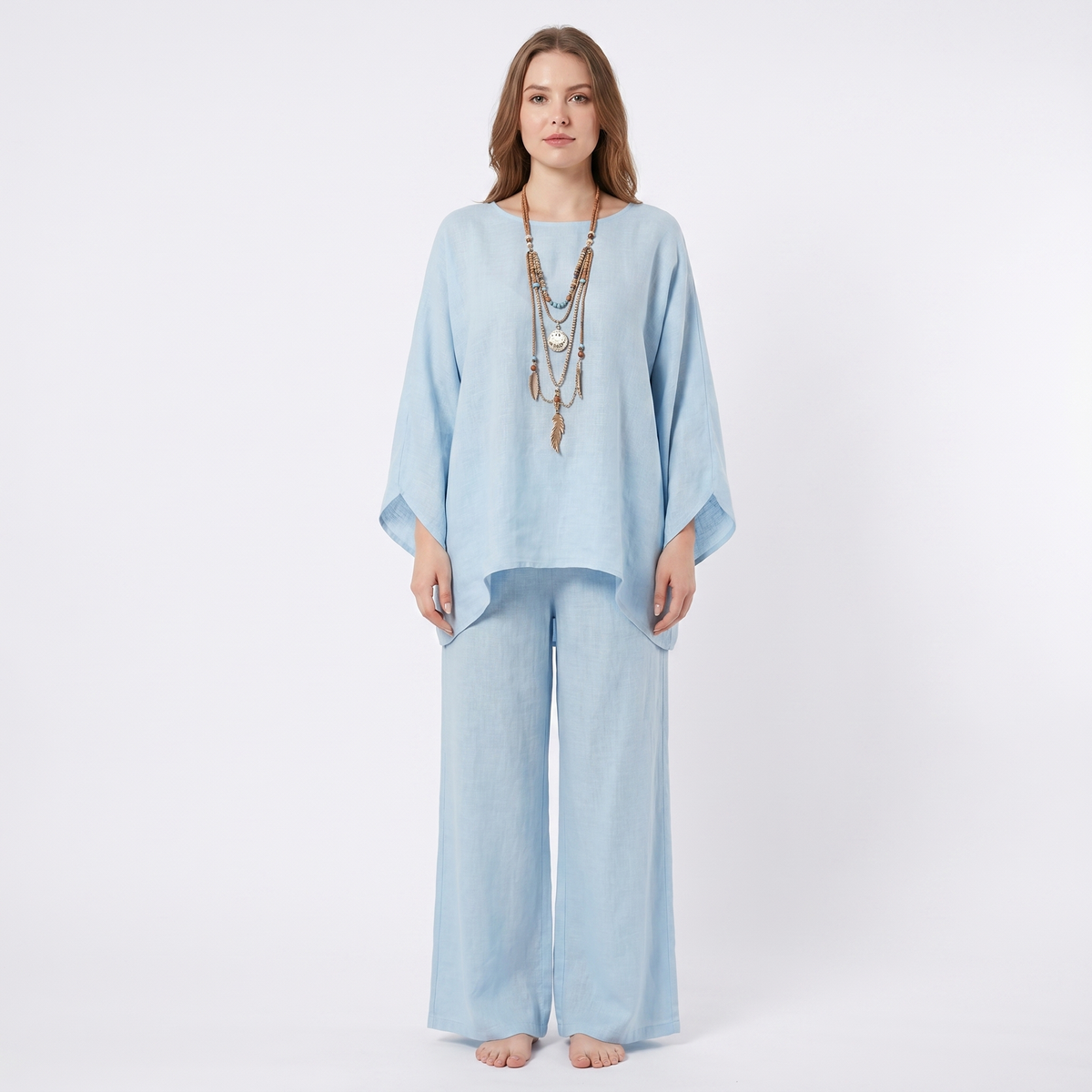Women's Linen Two-Piece Set Oversized Poncho Top Wide-Leg Pants Loungewear