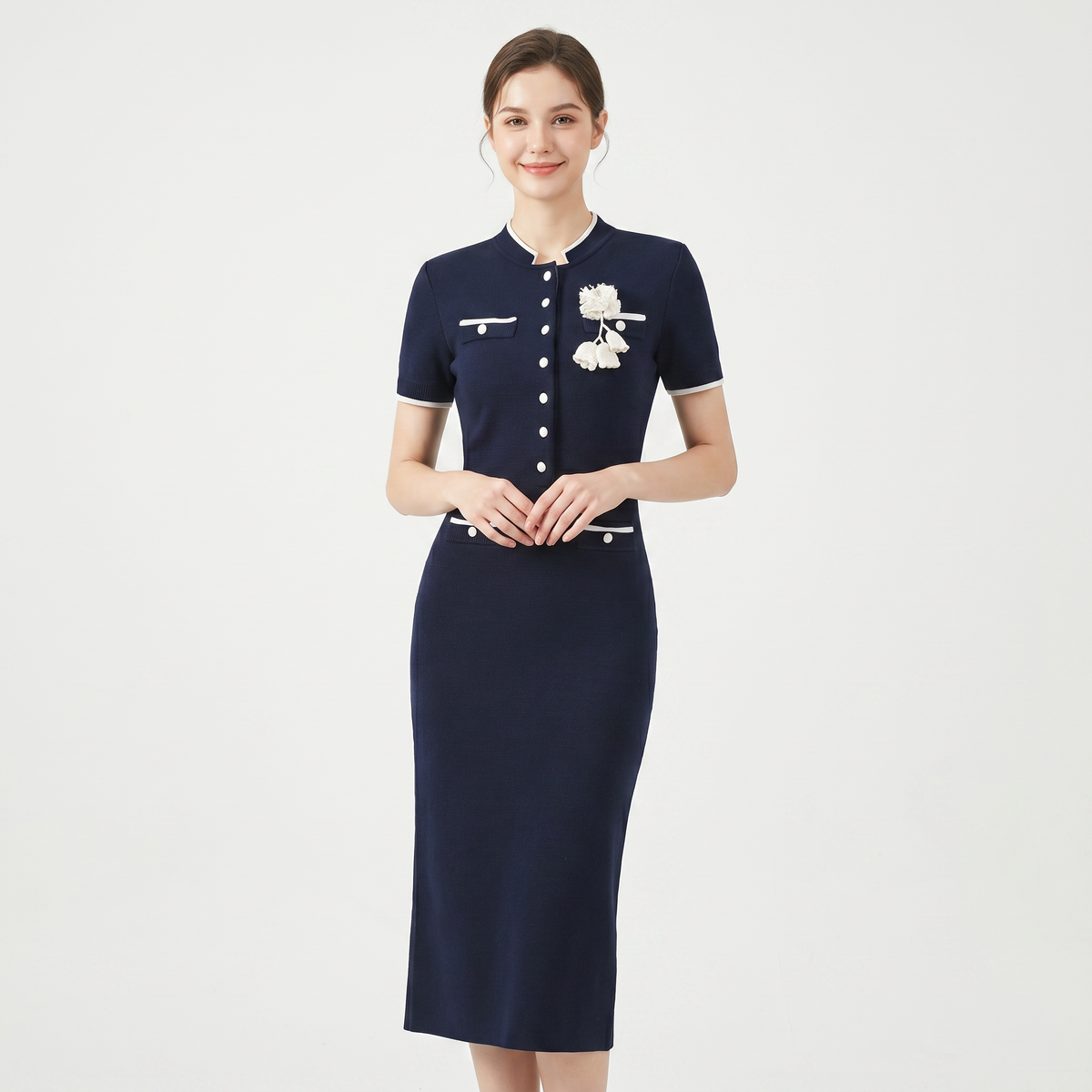 Women's Knit Button Front Midi Dress Short-Sleeve Contrast Trim Floral