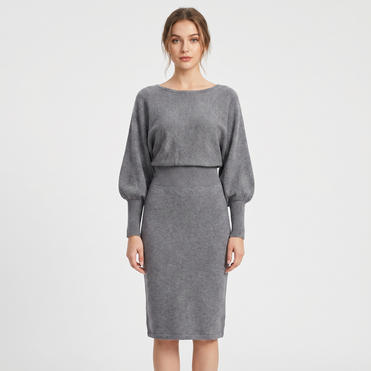 Women's Knit Batwing Sleeve Midi Dress Blouson Bodice Ribbed Bodycon