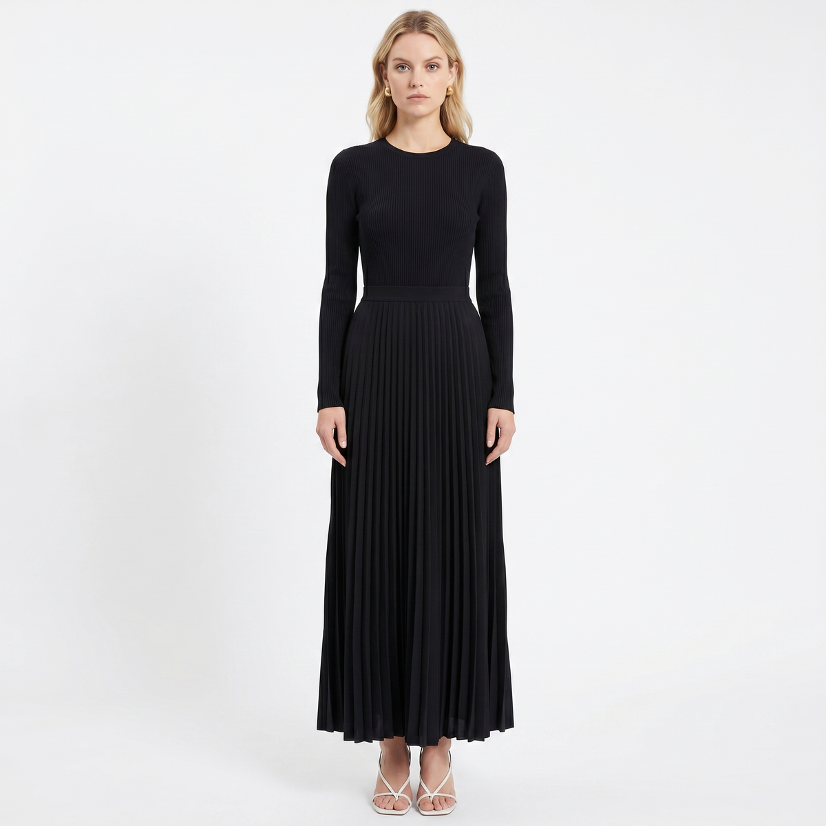 Women's Knit Maxi Winter Dress Long-Sleeve Ribbed Bodice Pleated A-Line