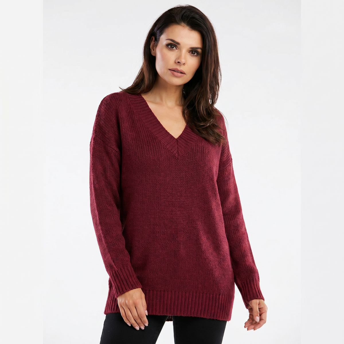 Women's V-Neck Oversized Knit Sweater Longline Relaxed-Fit Soft Wool Blend