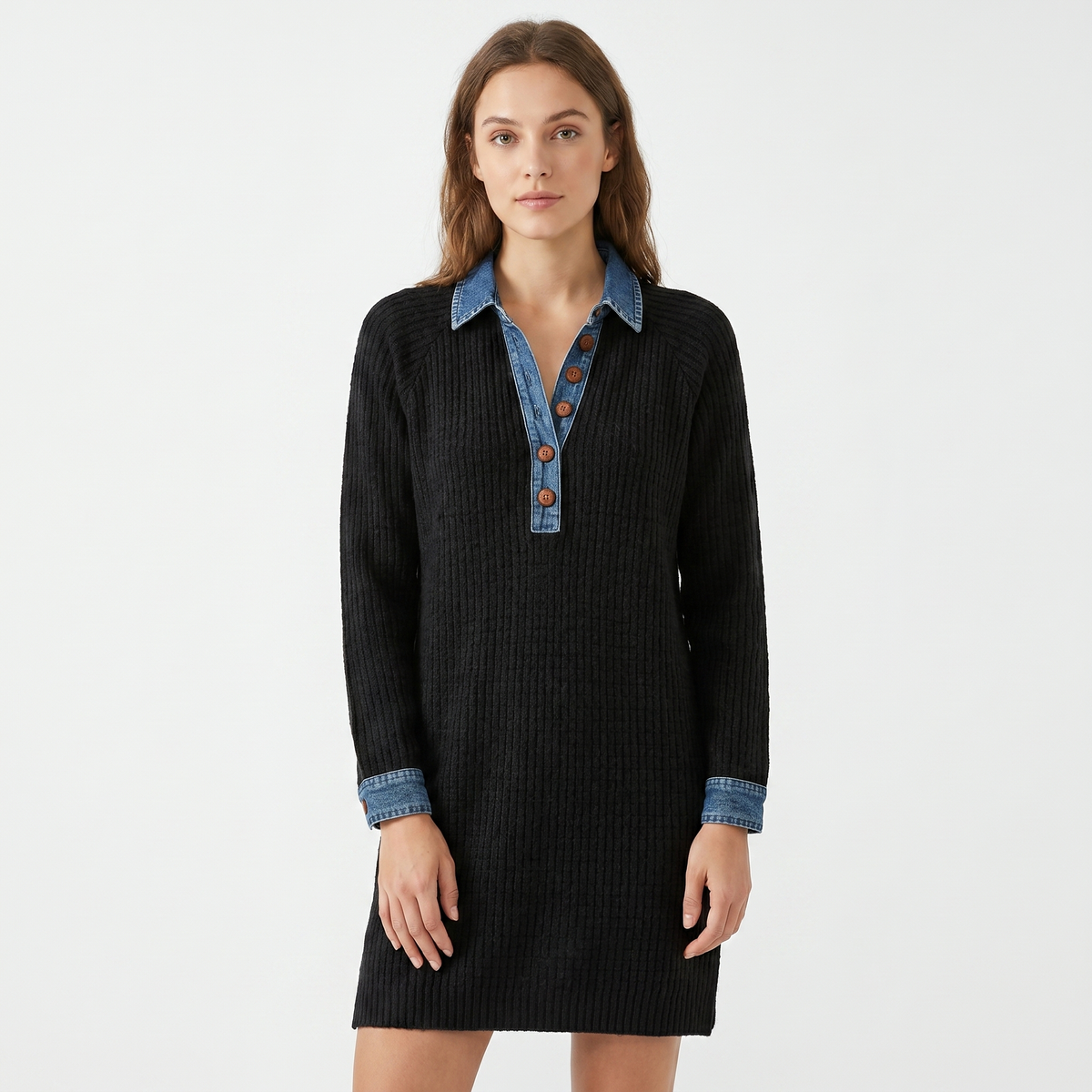 Women's Ribbed Knit Sweater Dress Denim Collar Button Placket Long-Sleeve