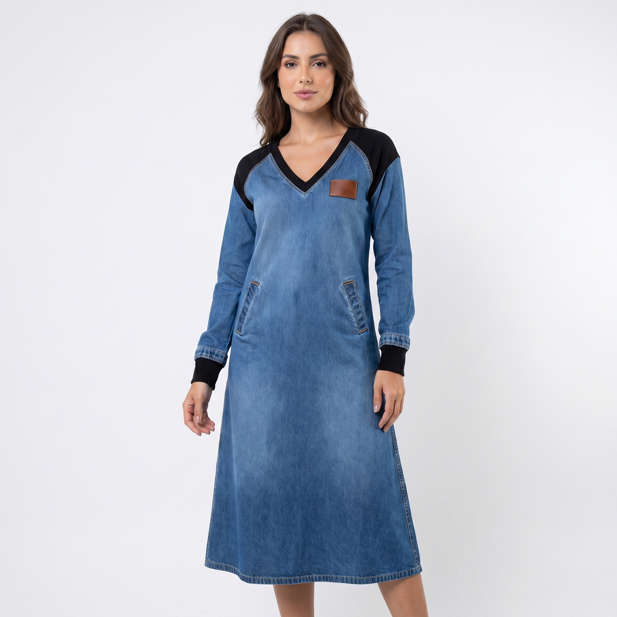 Vestito midi di jeans da donna con bordi a maglia a contrasto scollo a V maniche lunghe linea ad A casual