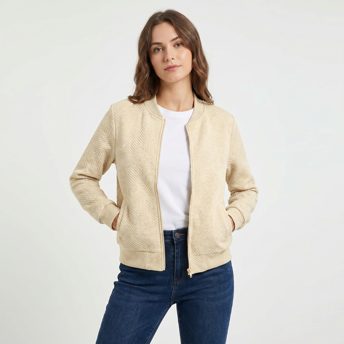 Women's Quilted Bomber Jacket Suede Effect Diamond Quilt Zip-Up Autumn Coat