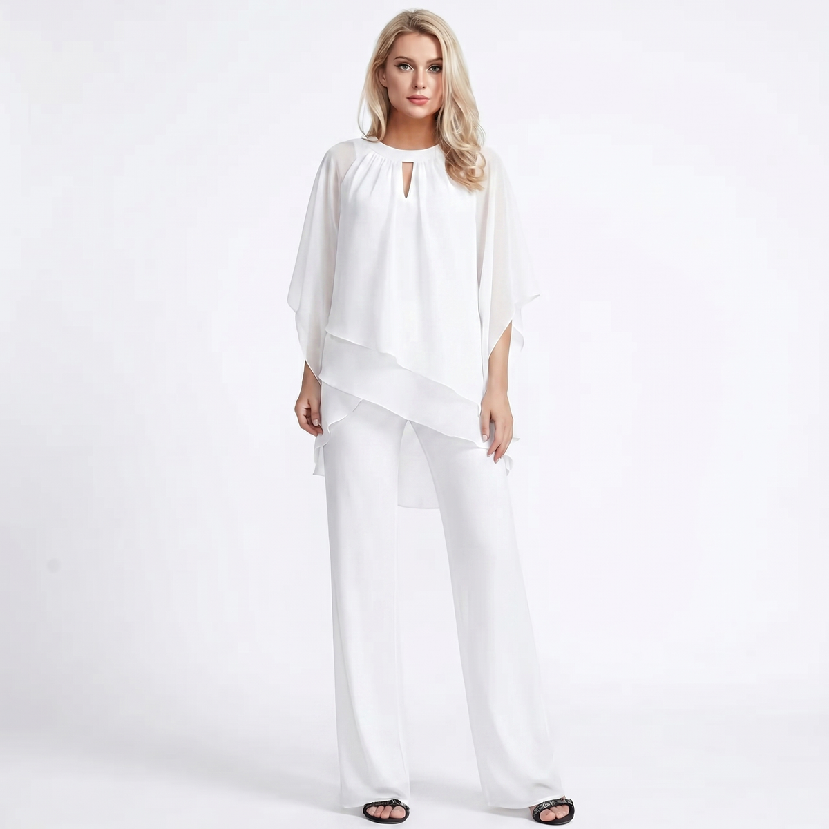 Women's Two-Piece Pants Set Chiffon Cape Winter Top Wide-Leg Evening