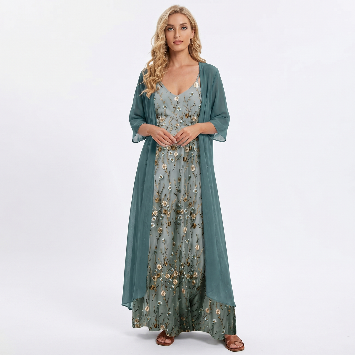 Women's Floral Print Maxi Dress and Longline Cardigan Set Two-Piece Summer