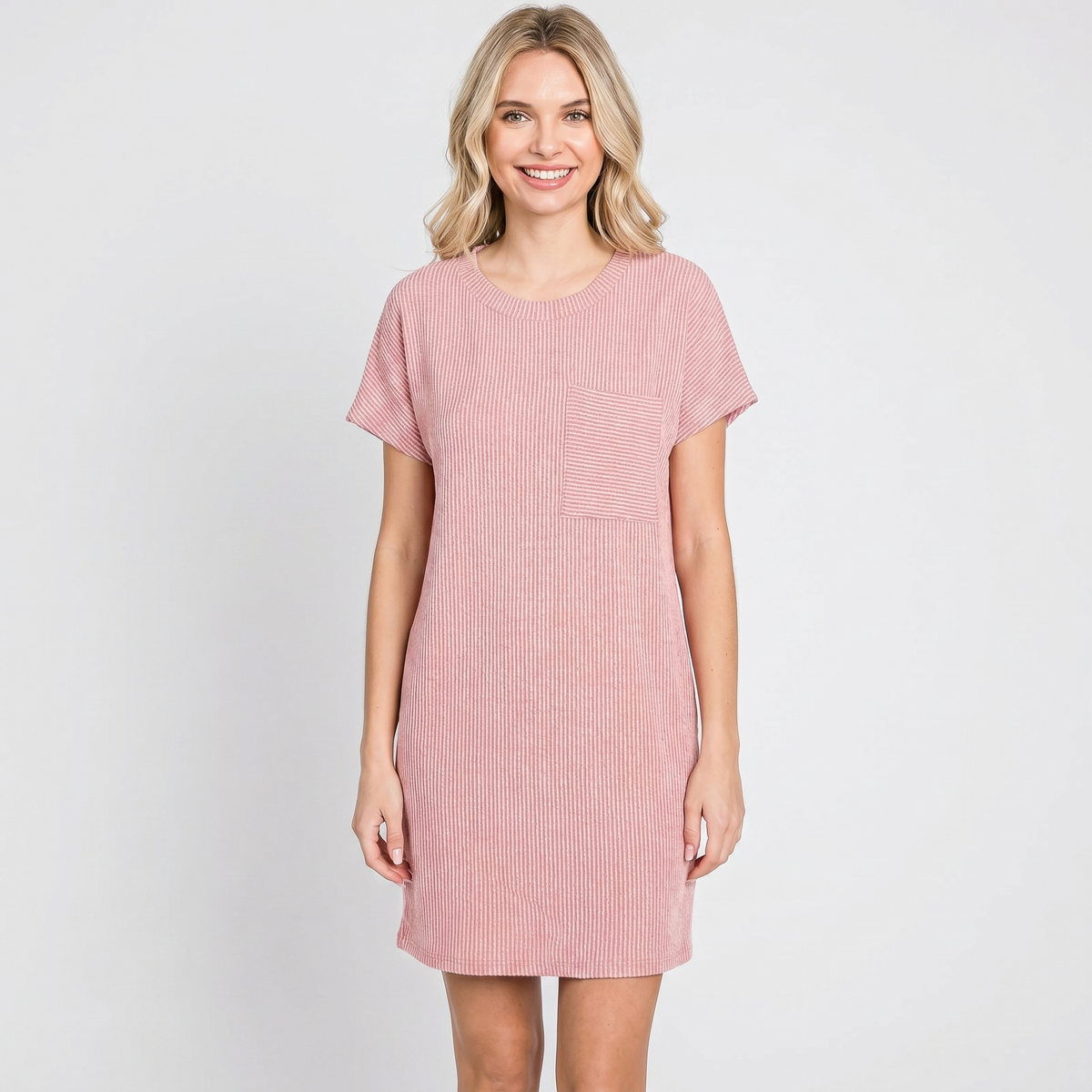 Women's Ribbed Knit T Shirt Winter Dress Short-Sleeve Round Neck Mini