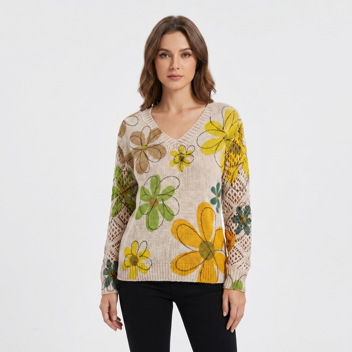 Women's Floral Jacquard Knit Sweater V-Neck Crochet Sleeve Pullover Top