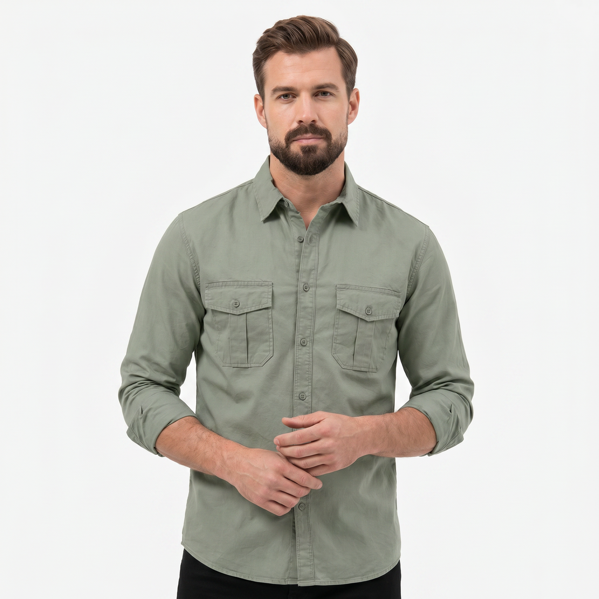 Camicia Uomo in Cotone Utilitaria a Maniche Lunghe con Doppia Tasca sul Petto e Bottoni, Casual