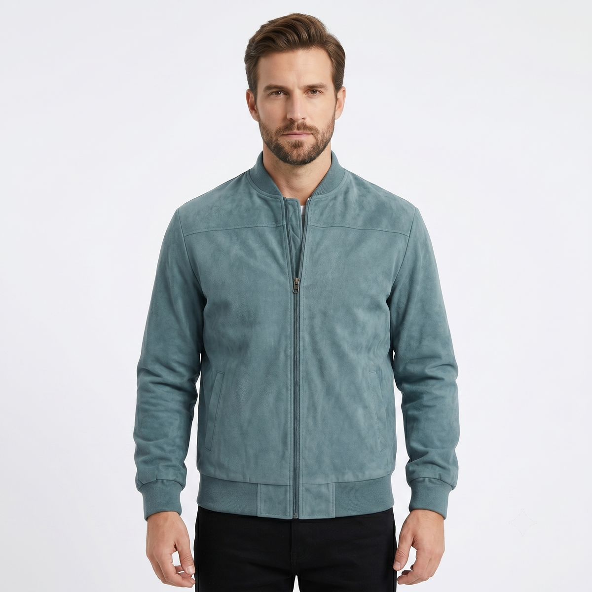 Men's Suede Bomber Autumn Jacket Zip-Up Stand Collar Lightweight Outerwear