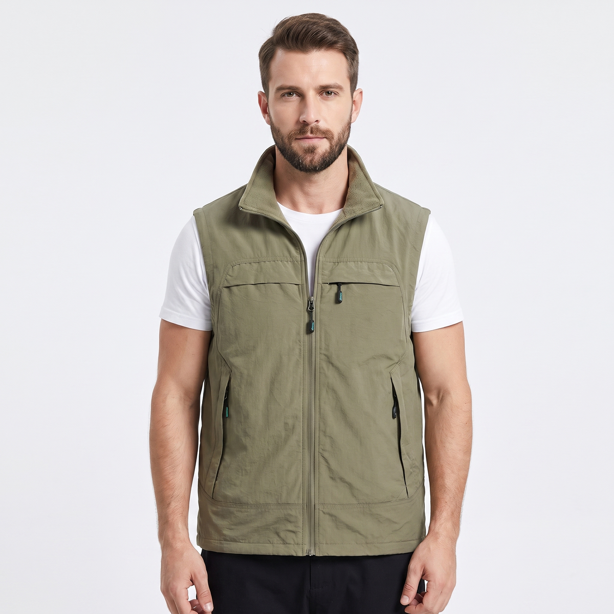 Gilet Uomo Multitasche con Cerniera, Senza Maniche, Collo Alto, Utilità Esterna