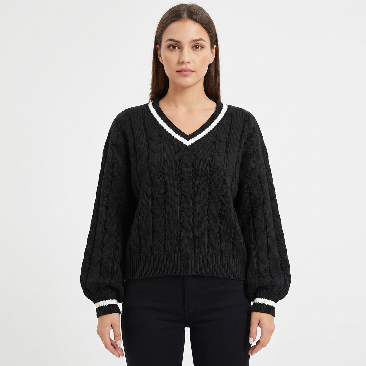 Women's Cable Knit Cricket Sweater V-Neck Contrast Stripe Cropped Top