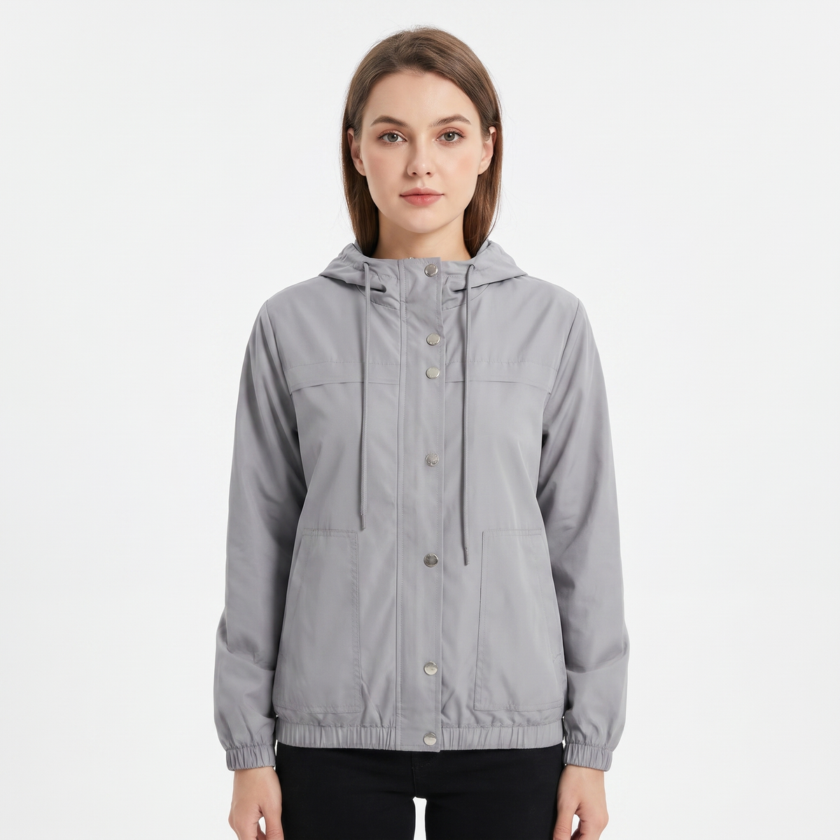 Women's Snap Button Windbreaker Jacket Stand Collar Zip-Up Lightweight Coat