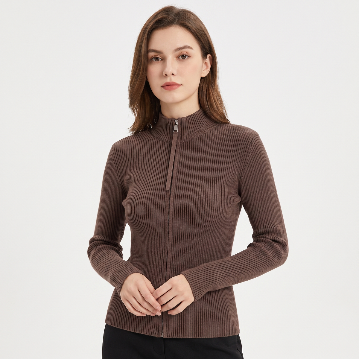 Women's Ribbed Zip-Up Fitted Knit Turtleneck Long-Sleeve Stretch Top