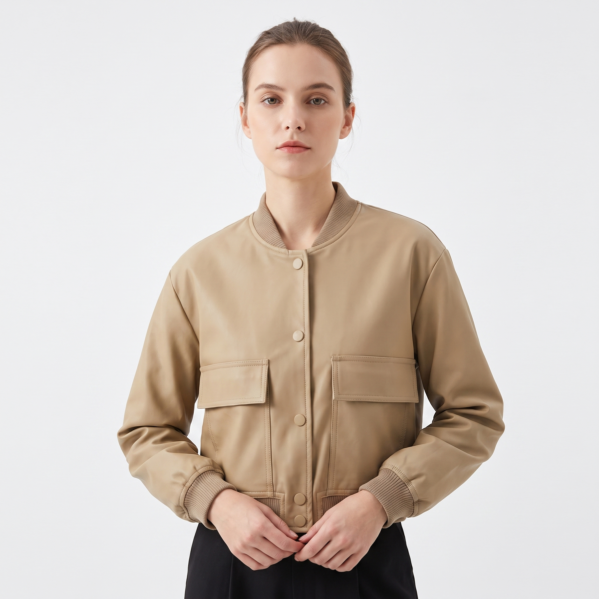 Women's Cropped Bomber Jacket Button Front Cargo Pocket Ribbed Trim Coat