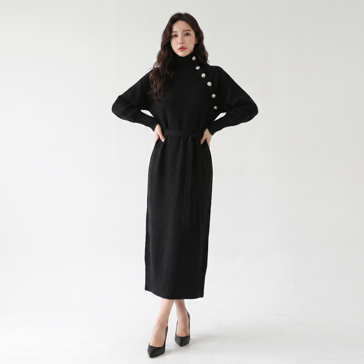 Women's Knit Sweater Midi Winter Dress Belted Asymmetric Collar Long-Sleeve