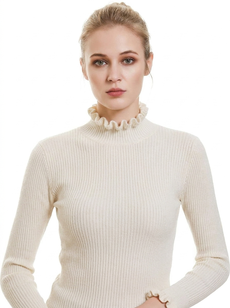 Women's Ribbed Knit Winter Sweater Ruffle Collar Long-Sleeve Pullover