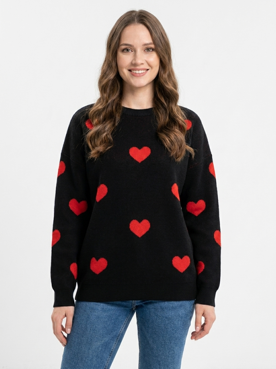 Women's Heart Print Winter Sweater Oversized Crew-Neck Knit Pullover