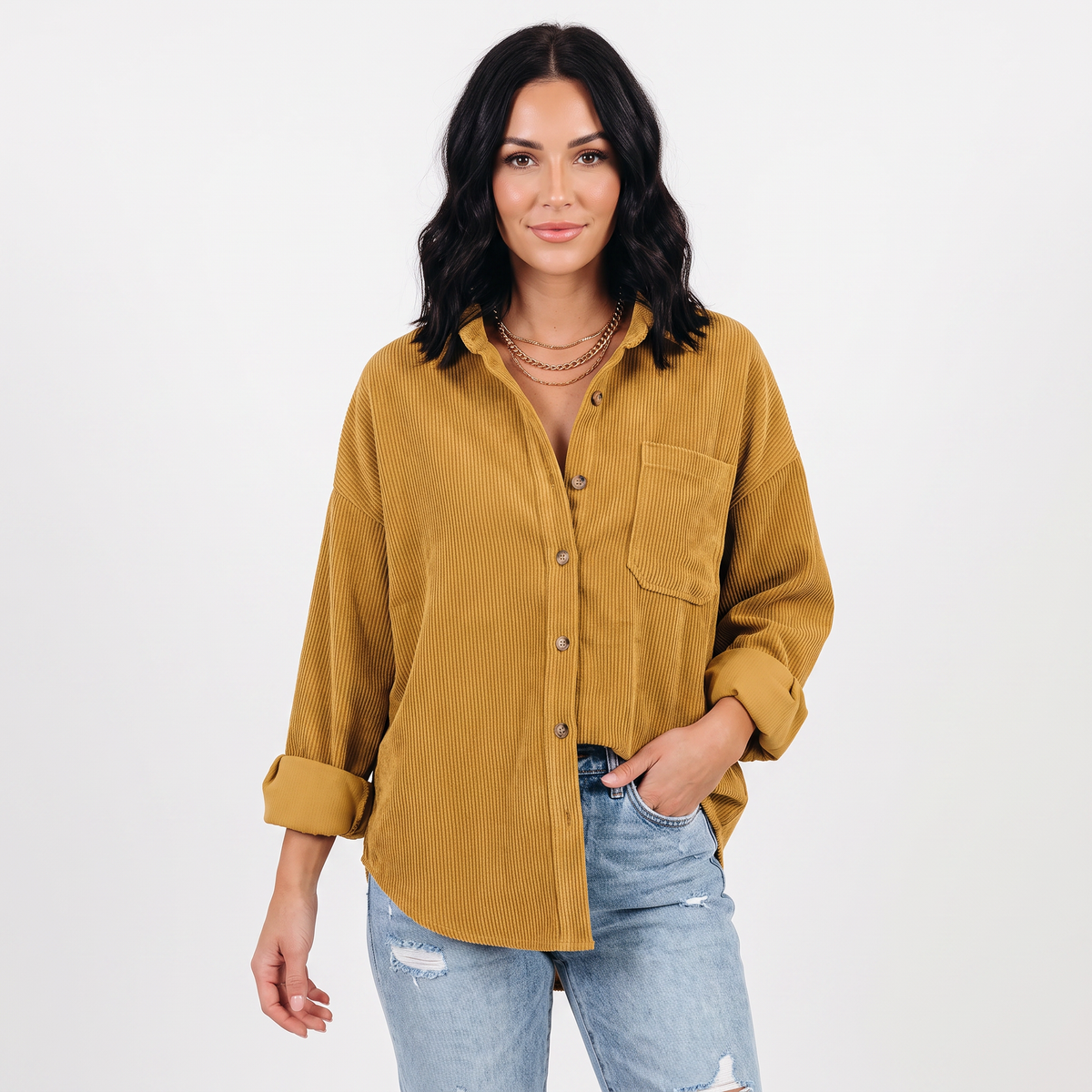 Women's Corduroy Autumn Shirt Oversized Button-Down Long-Sleeve Blouse