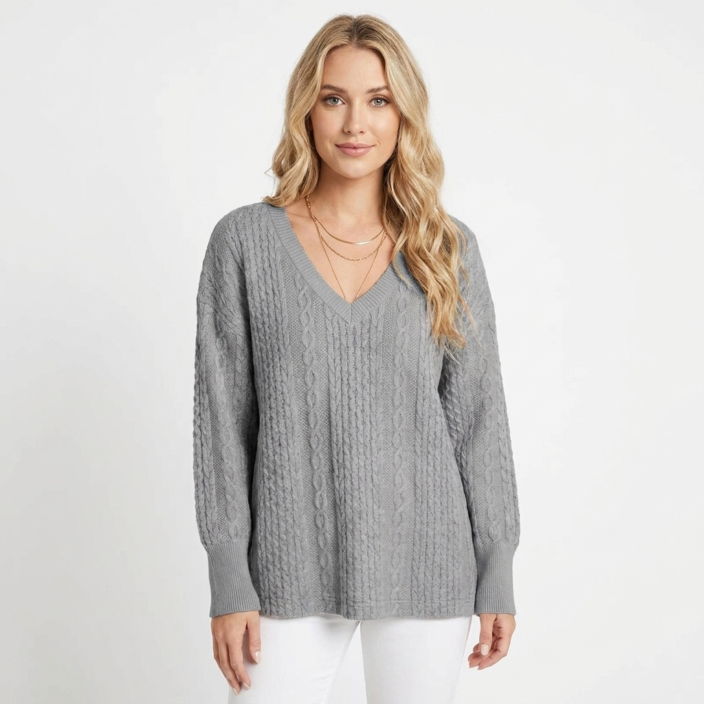 Women's Cable Knit Winter Sweater Oversized V-Neck Long-Sleeve Pullover