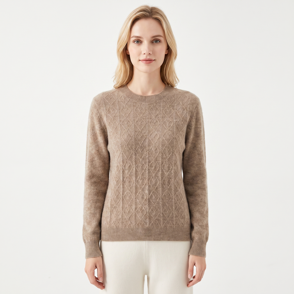 Women's Cable Knit Winter Sweater Crew-Neck Soft Wool Blend Pullover