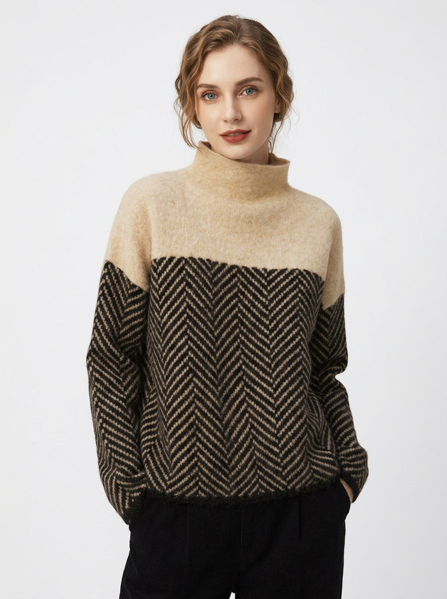 Women's Herringbone Turtleneck Winter Sweater Oversized Knit Pullover
