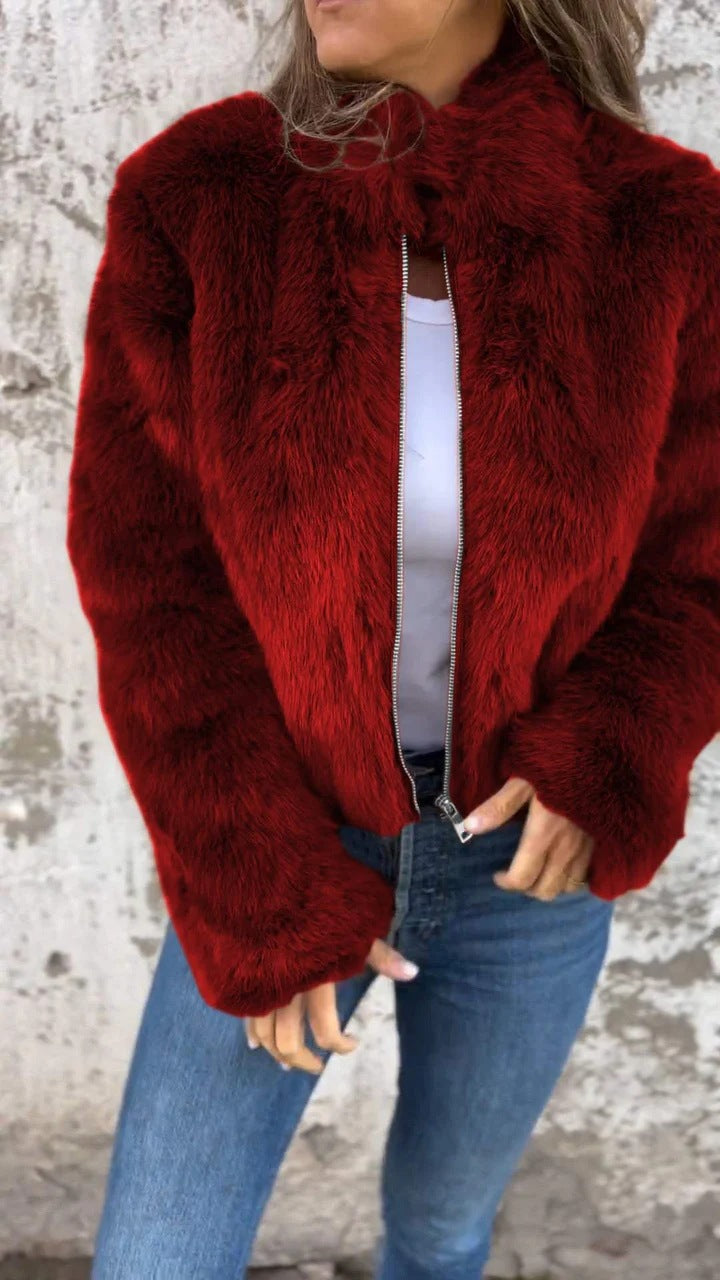 Women's Faux-Fur Cropped Plush Zip-Up Faux-Fur Bomber Autumn Jacket
