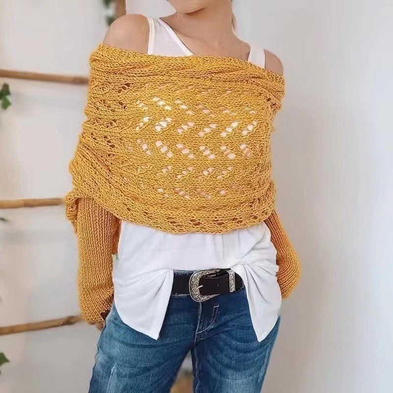 Women's Knit Shawl Open Lace Stitch Shoulder Wrap Ribbed Trim Winter