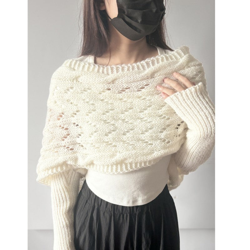 Women's Knit Shawl Open Lace Stitch Shoulder Wrap Ribbed Trim Winter